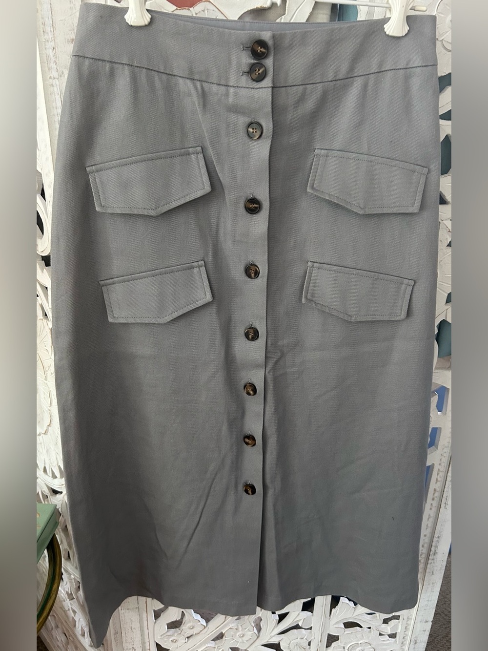 Mare Mare x Anthropologie Gray Button-Front Midi Skirt with Patch Pockets